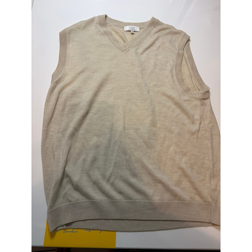 Turnbury Mens XL V-Neck Sweater Vest Beige Cream Extra Fine Merino Wool